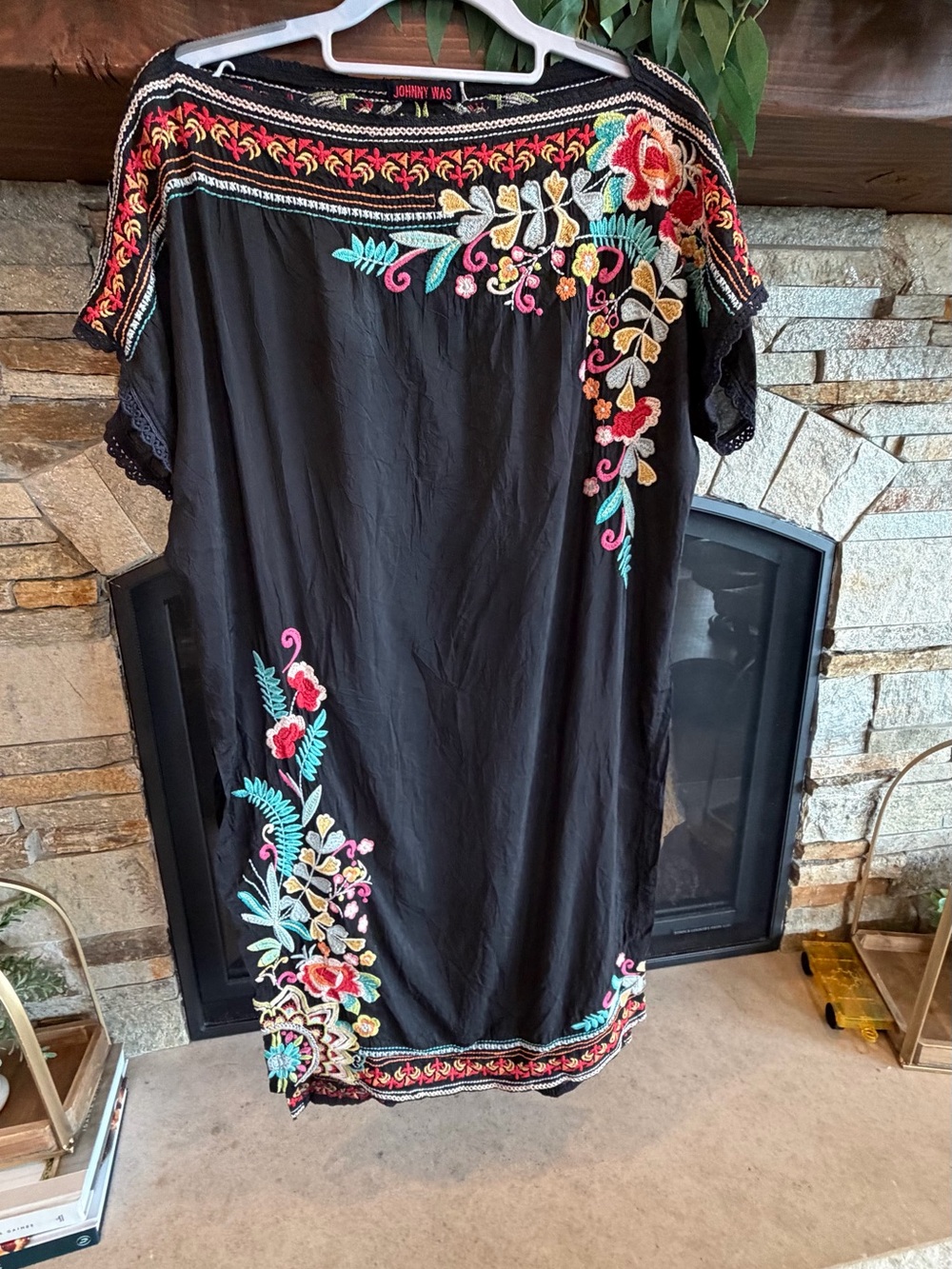 Johnny Was Black Embroidered Floral Midi Dress/Tunic with Multicolor Accents